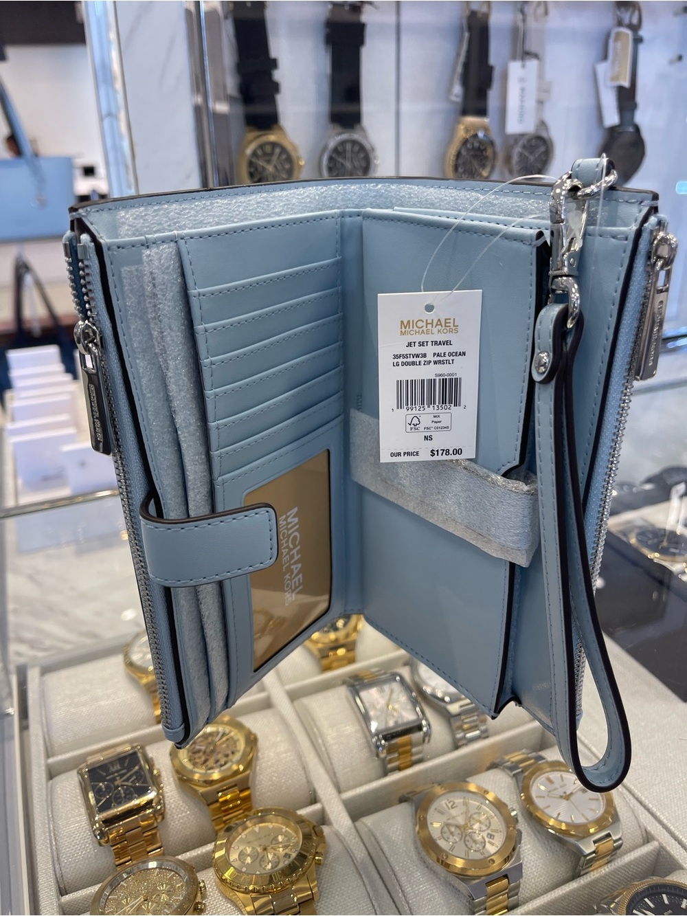 MICHAEL KORS Jet Set Large Double Zip Ombré Signature Logo Wristlet Pale Ocean - Picture 10 of 16